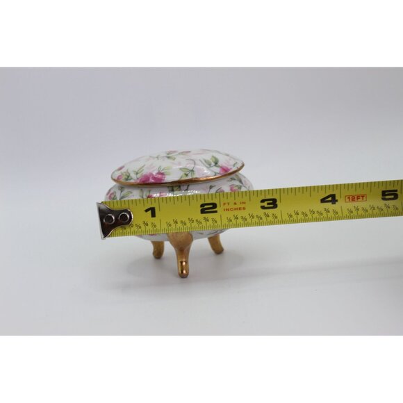 Vintage Floral Porcelain Footed Trinket Box With Lid & Gold Accents - Picture 8 of 9